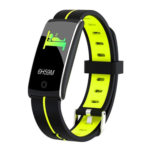 GADGETGYZ F10+ fitness tracker South Africa with black and yellow band showing sleep tracking display