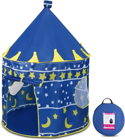 Kave kids fairy castle play tent in blue with yellow stars and moon design for toddlers