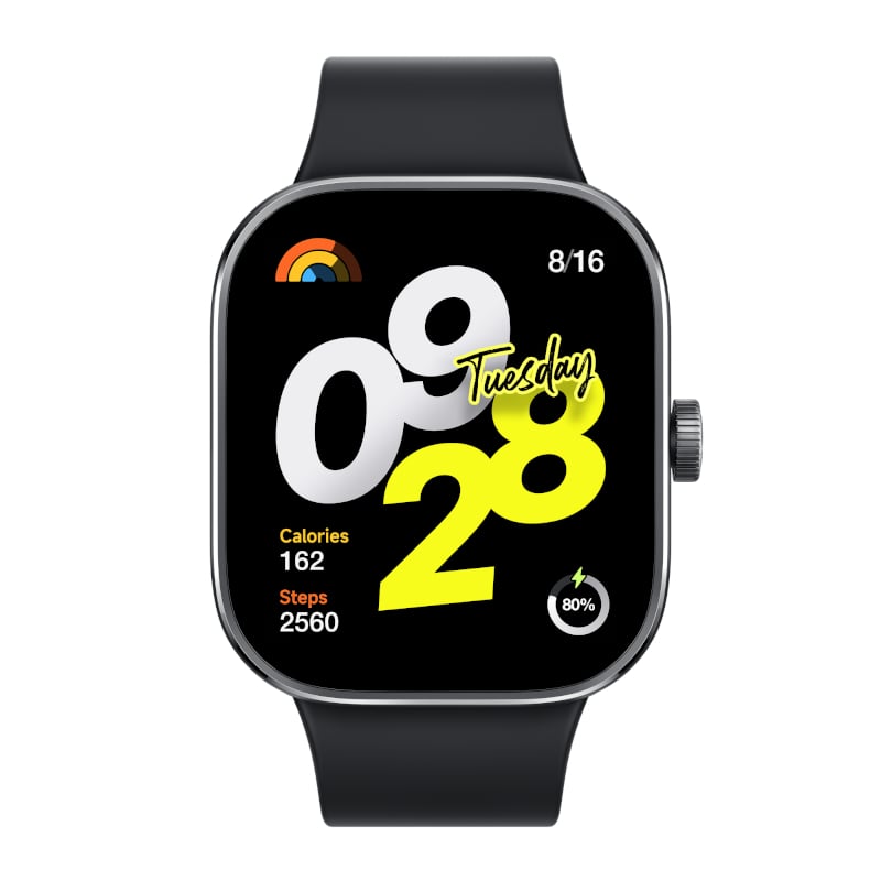 Redmi Watch with fitness tracking showing time, calories burned, steps count, and battery level