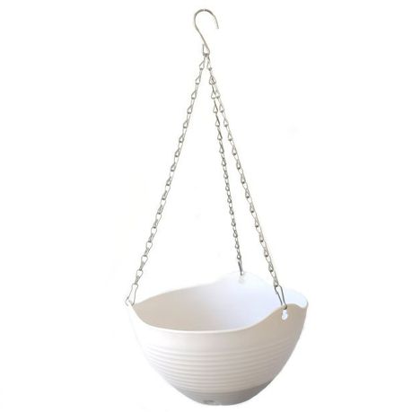 KAVE white hanging plastic planter pot with metal chains for outdoor gardening